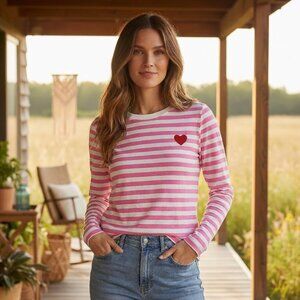 NEW Loft SP Neon Pink Striped Embroidered Heart Tee Knit Top Twee Coquette
